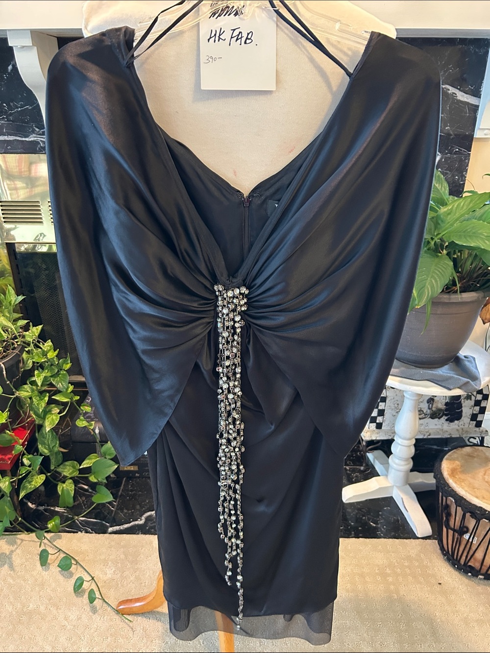 Jovani  Black Long-Sleeve Draped Evening Dress with Crystal Tassel Silk